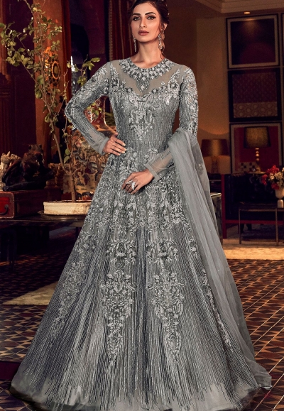 grey net embroidered floor length lehenga anarkali suit 6506