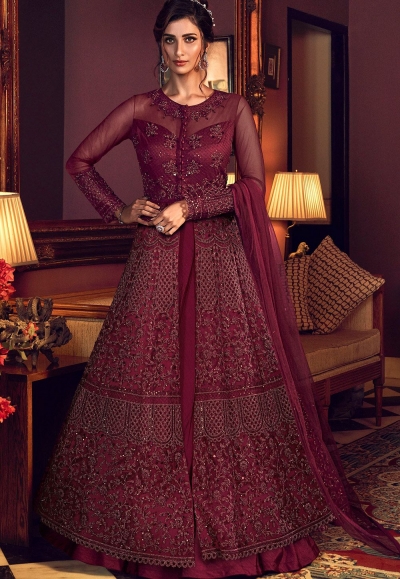 maroon net embroidered floor length lehenga anarkali suit 6510