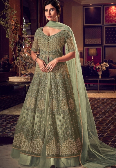 pastel green net embroidered floor length lehenga anarkali suit 6511