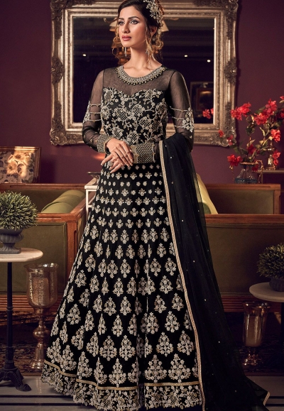 black net embroidered floor length anarkali suit 6512