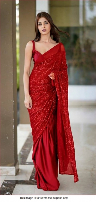 Bollywood model Georgette Red sequins half and half saree