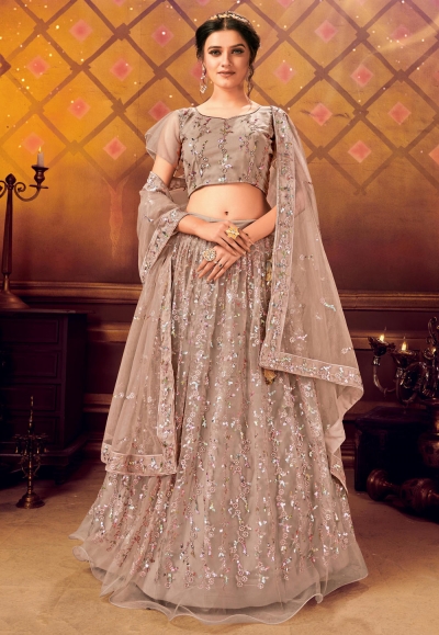 Brown net embroidered circular lehenga choli 108042