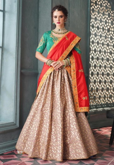 Beige silk circular lehenga choli 5003