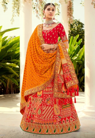 Red silk wedding lehenga choli 4203