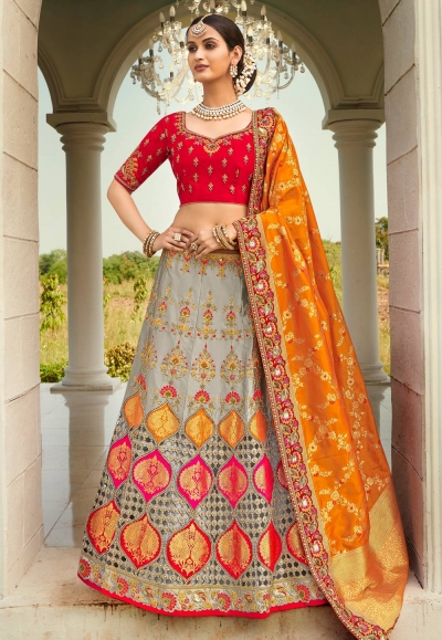 Grey silk embroidered lehenga choli 4205