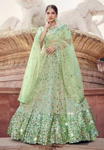 Light green sequins work net lehenga choli 5902