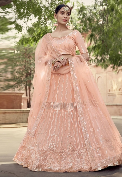 Peach sequins work net lehenga choli 5905