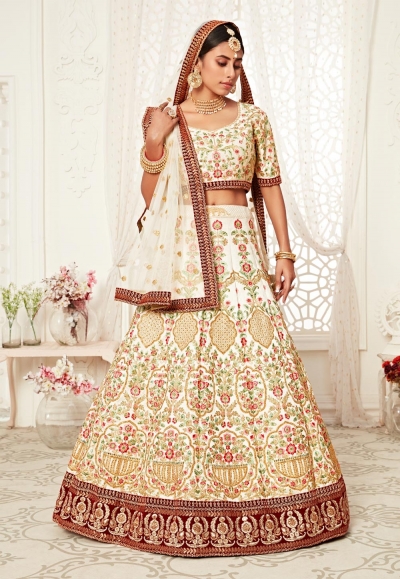 Cream art silk embroidered lehenga choli 16042