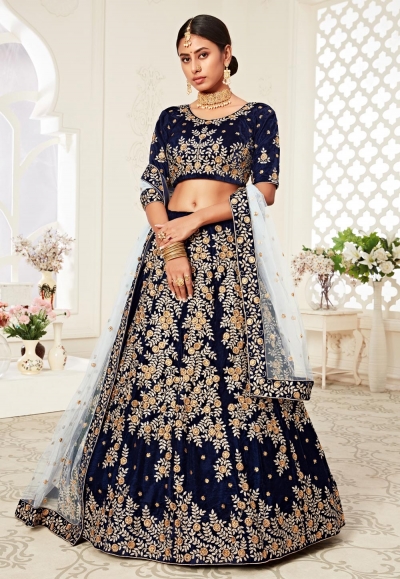 Navy blue embroidered velvet lehenga choli 16044