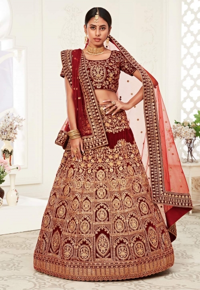 Maroon velvet embroidered bridal lehenga choli 16047