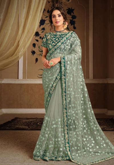 Light green net party wear saree 21305