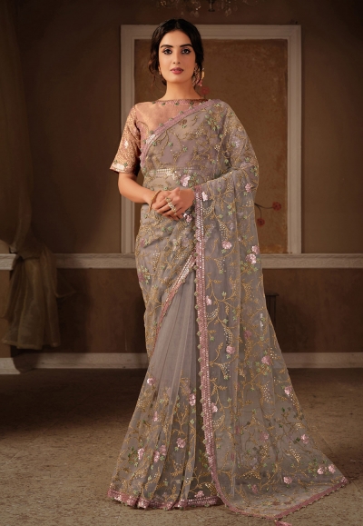 Grey net party wear saree 21307