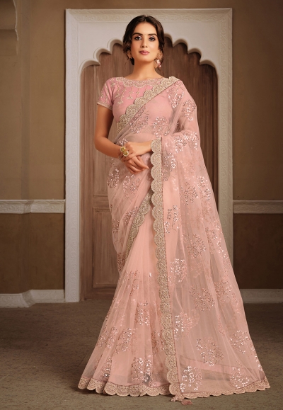 Peach net party wear saree 21309