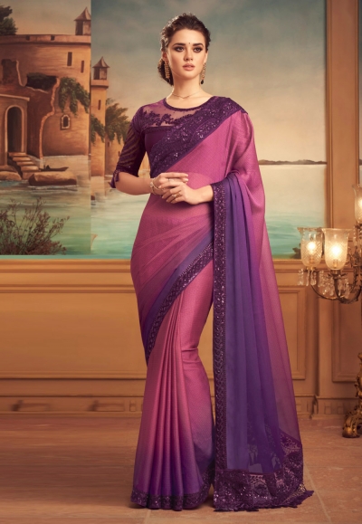 Pink chiffon saree with blouse 25016