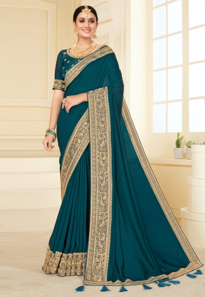 Teal silk saree with blouse 1708