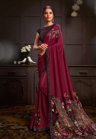 Maroon lycra sequins work saree 21204