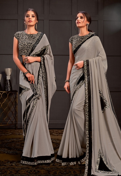 Grey silk georgette saree with blouse 21205