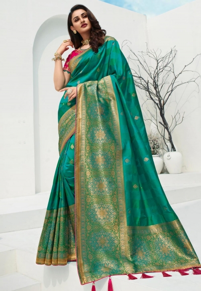 Teal banarasi silk saree with blouse 10091