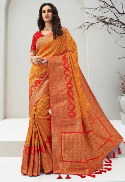 Orange banarasi silk festival wear saree 10096