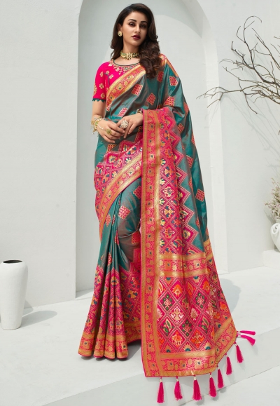 Teal banarasi silk festival wear saree 10095