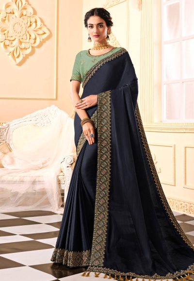 Navy blue silk party wear saree 314