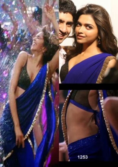 Bollywood Style Deepika Padukone Georgette Saree In Blue Color bollywood style deepika padukone georgette saree in blue color