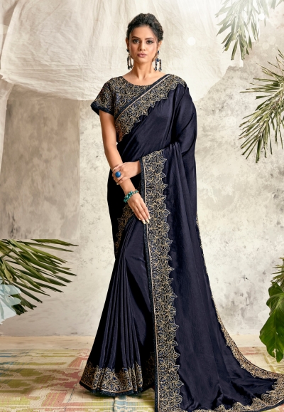 Navy blue silk party wear saree 21016