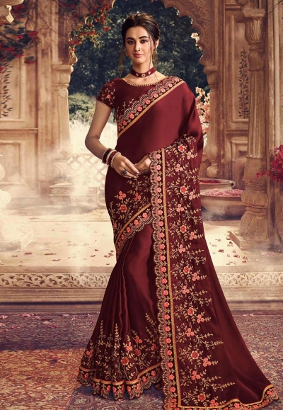 Maroon satin silk embroidered party wear saree 1064