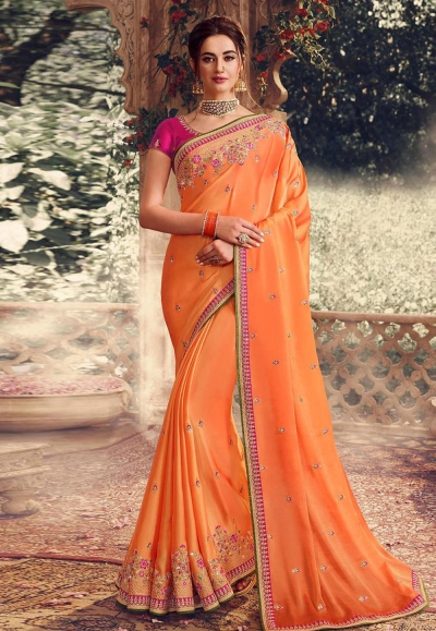 Orange georgette embroidered festival wear saree 1067