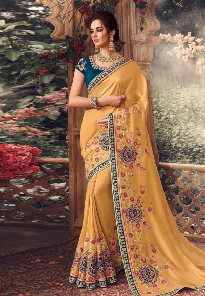 Yellow silk embroidered party wear saree 1069
