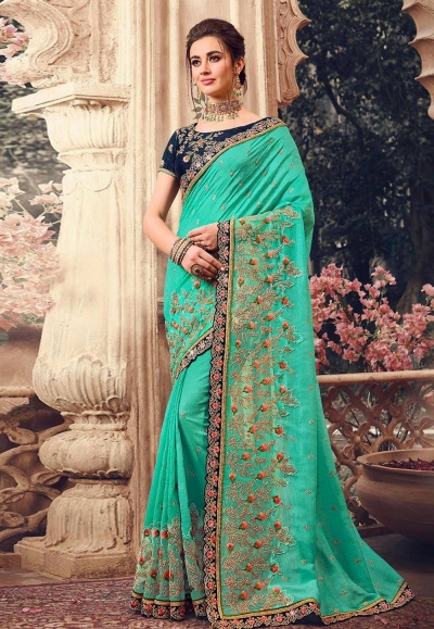 Green silk embroidered party wear saree 1070