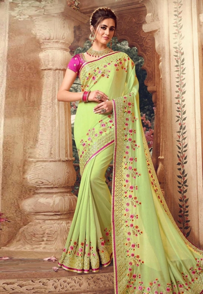 Light green silk embroidered party wear saree 1071
