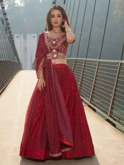 Maroon chiffon polka dot designer lehenga choli