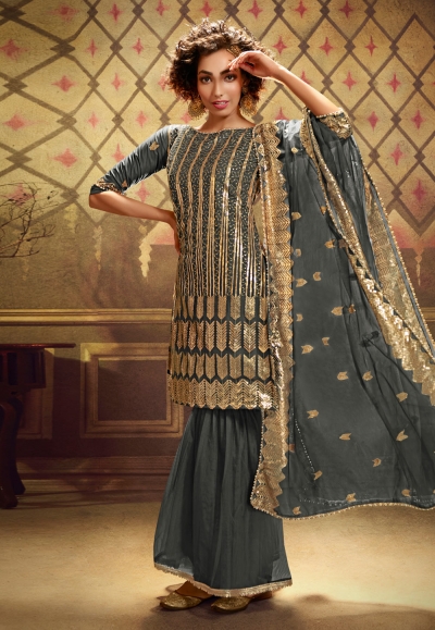 Grey net sharara suit 4905