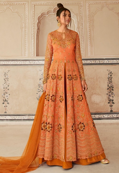 Orange net long choli lehenga 5604