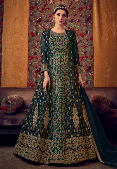 Teal net embroidered jacket style anarkali suit 6804