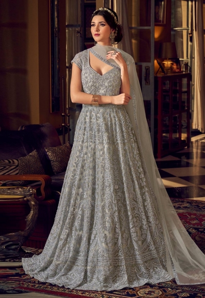 Grey net embroidered floor length anarkali suit 6805