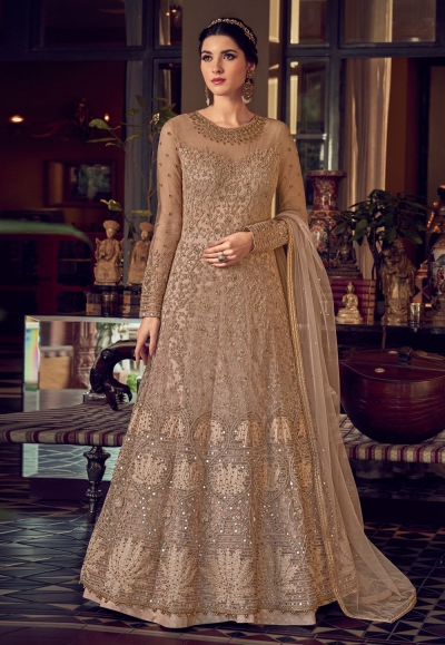 Beige net embroidered long anarkali suit 6801