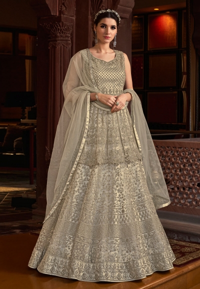 Grey net embroidered abaya style anarkali suit 6807