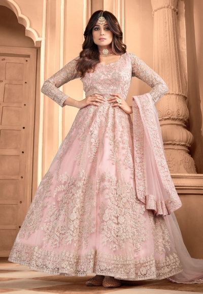 Shamita shetty light pink net ankle length anarkali suit 8356