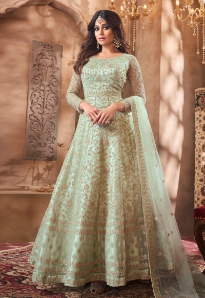 Shamita shetty light green net ankle length anarkali suit 8355