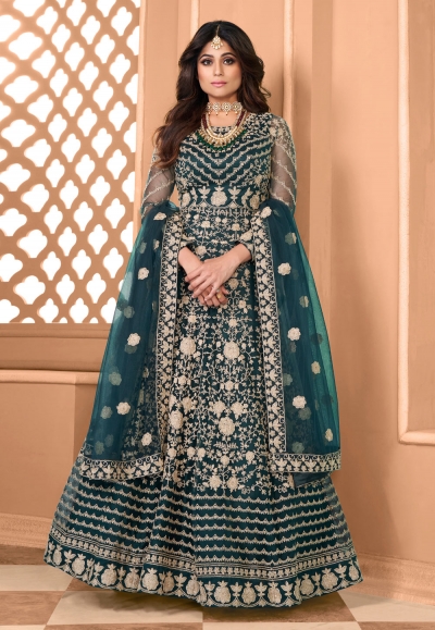 Shamita shetty teal net ankle length anarkali suit 8357