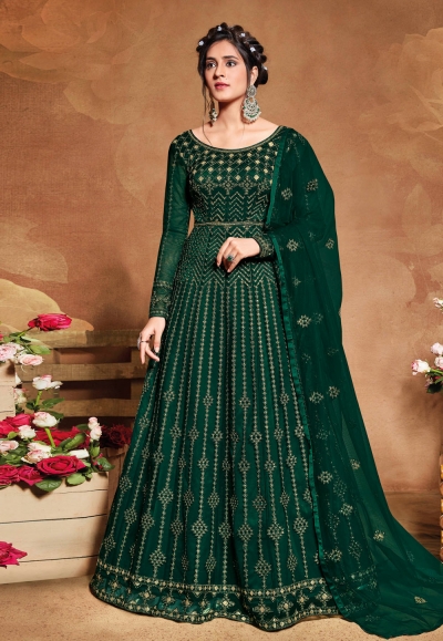 Green net embroidered abaya style anarkali suit 5102