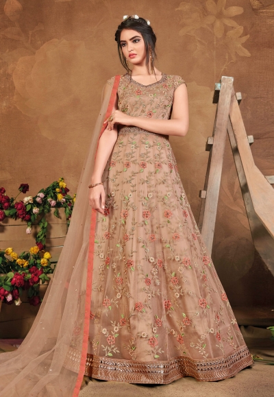 Beige net embroidered long anarkali suit 5101