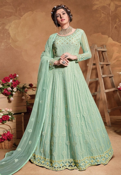 Light green net embroidered abaya style anarkali suit 5108