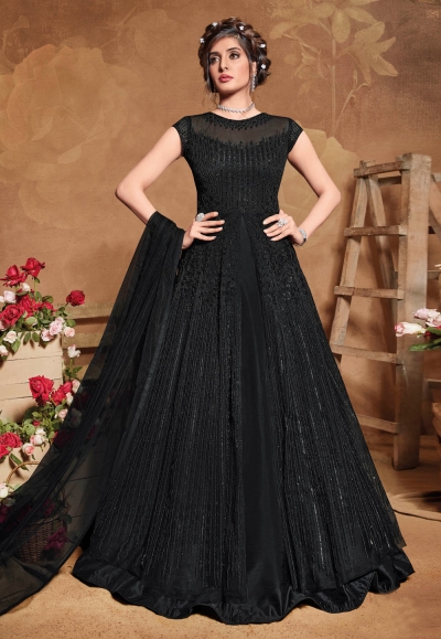 Black net embroidered floor length anarkali suit 5109