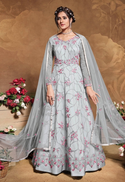 Grey net embroidered long anarkali suit 5103