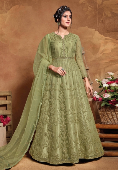 Light green net embroidered long anarkali suit 5106