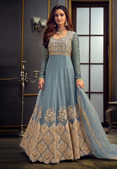 Gown : Peach organza floral printed long anarkali gown