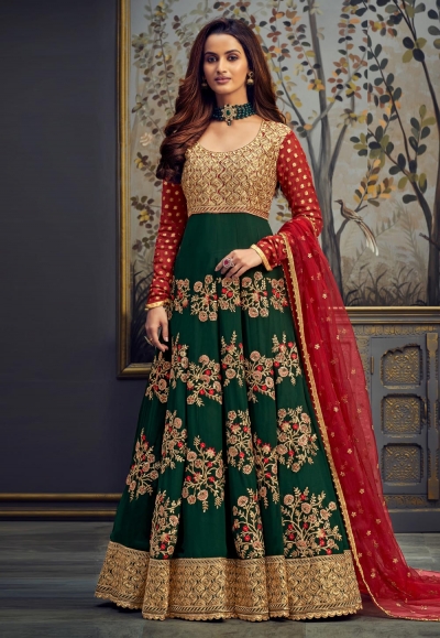 Green georgette embroidered long anarkali suit 7754